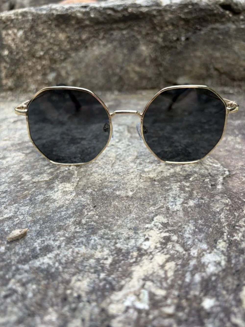 70s Gold Geometric Octagon Sunglasses Retro Round Black Lens Boho Festival NEW